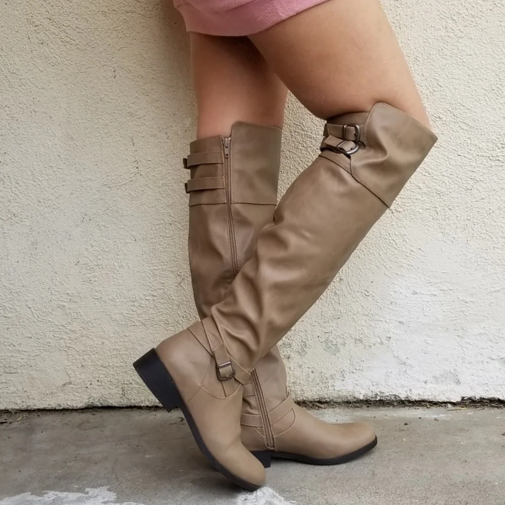 Leatherette Buckled Strap Accent Knee High Riding - Picture 2 of 5